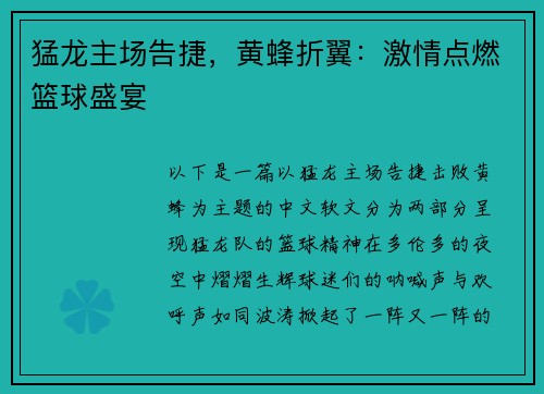 猛龙主场告捷，黄蜂折翼：激情点燃篮球盛宴