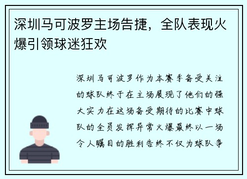 深圳马可波罗主场告捷，全队表现火爆引领球迷狂欢