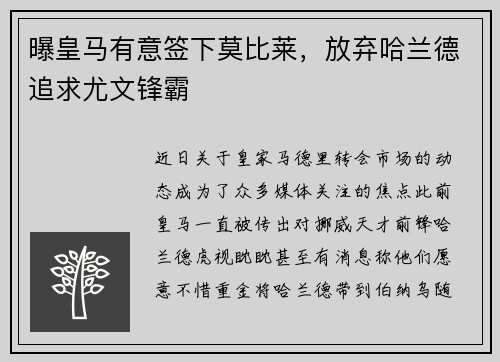 曝皇马有意签下莫比莱，放弃哈兰德追求尤文锋霸