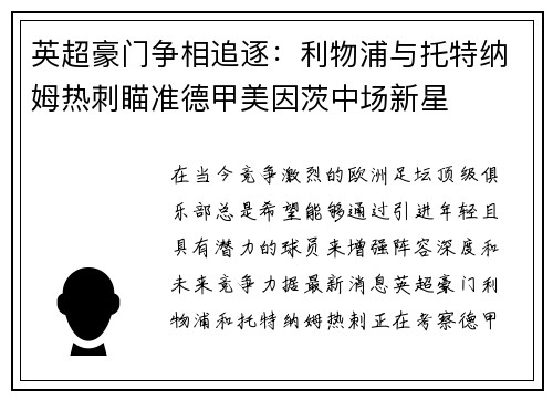 英超豪门争相追逐：利物浦与托特纳姆热刺瞄准德甲美因茨中场新星