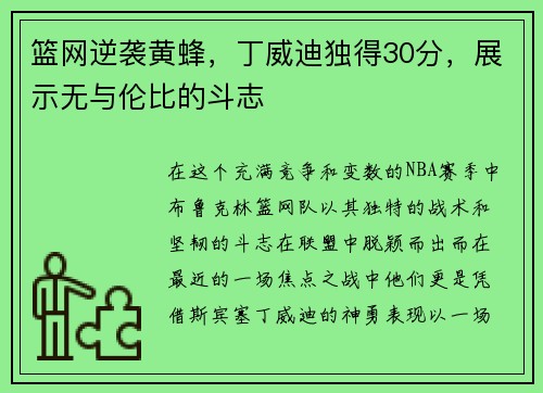 篮网逆袭黄蜂，丁威迪独得30分，展示无与伦比的斗志